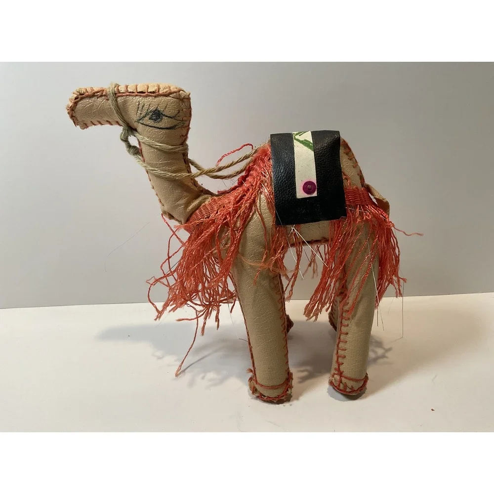 Vintage Handmade Leather Camel‎ Figurine Camel with Saddle and Fringe
